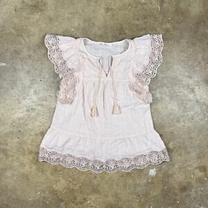 Gap Women’s Flutter Sleeve Crochet Lace Smock‎ Top Blouse Size Small Pink